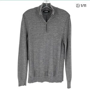 Express Merino Wool Sweater Mens Size Medium Gray Knit Quarter Zip Pullover
